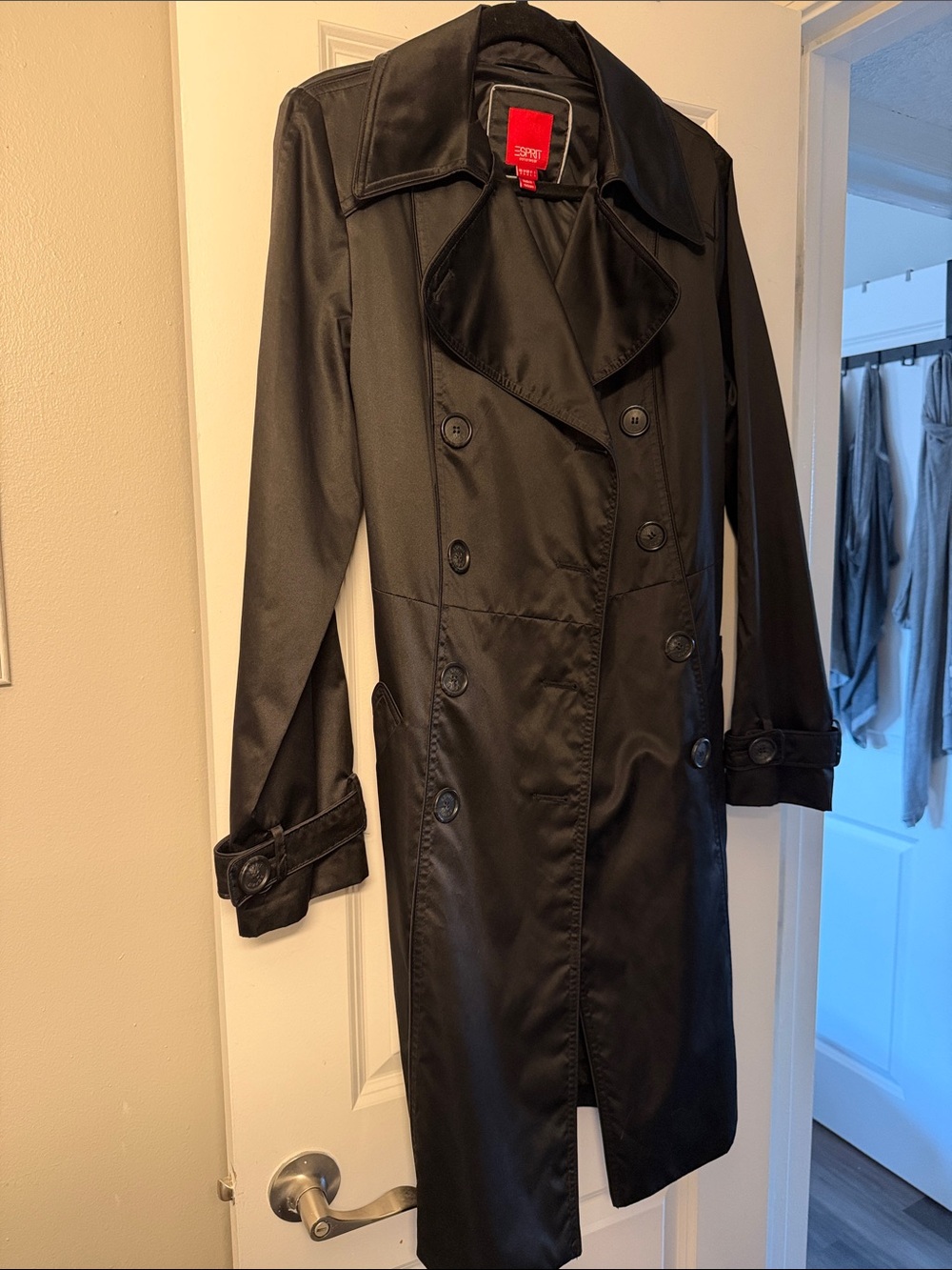 Esprit Black Double-Breasted Satin Trench Coat